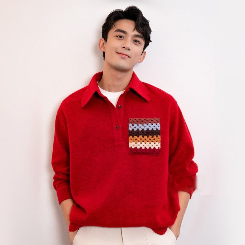 仓石一树春秋Polo衫男针织衬衫2025吴磊同款蛇年本命年红色毛衣