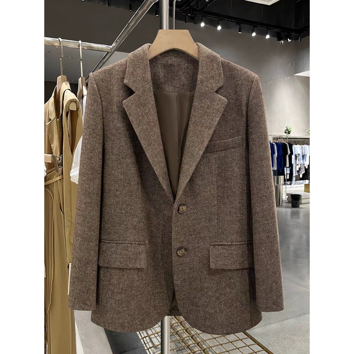 覆古炸街人字纹羊毛呢小西装外套女2025秋冬季小个子韩版休闲西服