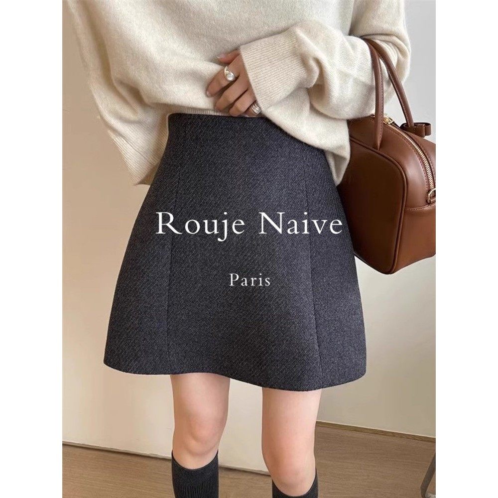 Rouje Naive深灰色毛呢半身裙女2025秋冬新高腰百搭防走光a字短裙