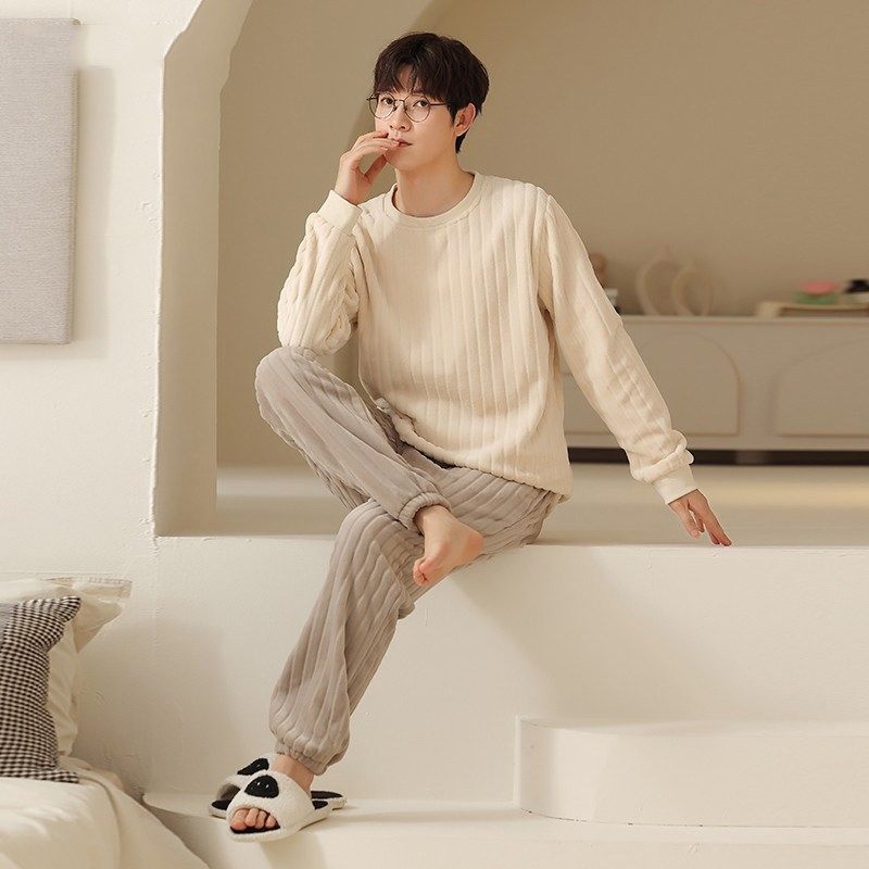 日本珊瑚绒睡衣男款秋冬季加厚加绒保暖可外穿纯色圆领家居服套装