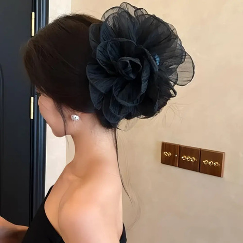黑天鹅网纱花朵超大号抓夹女