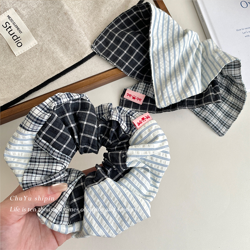 高级感黑格子拼色大肠发圈方巾女