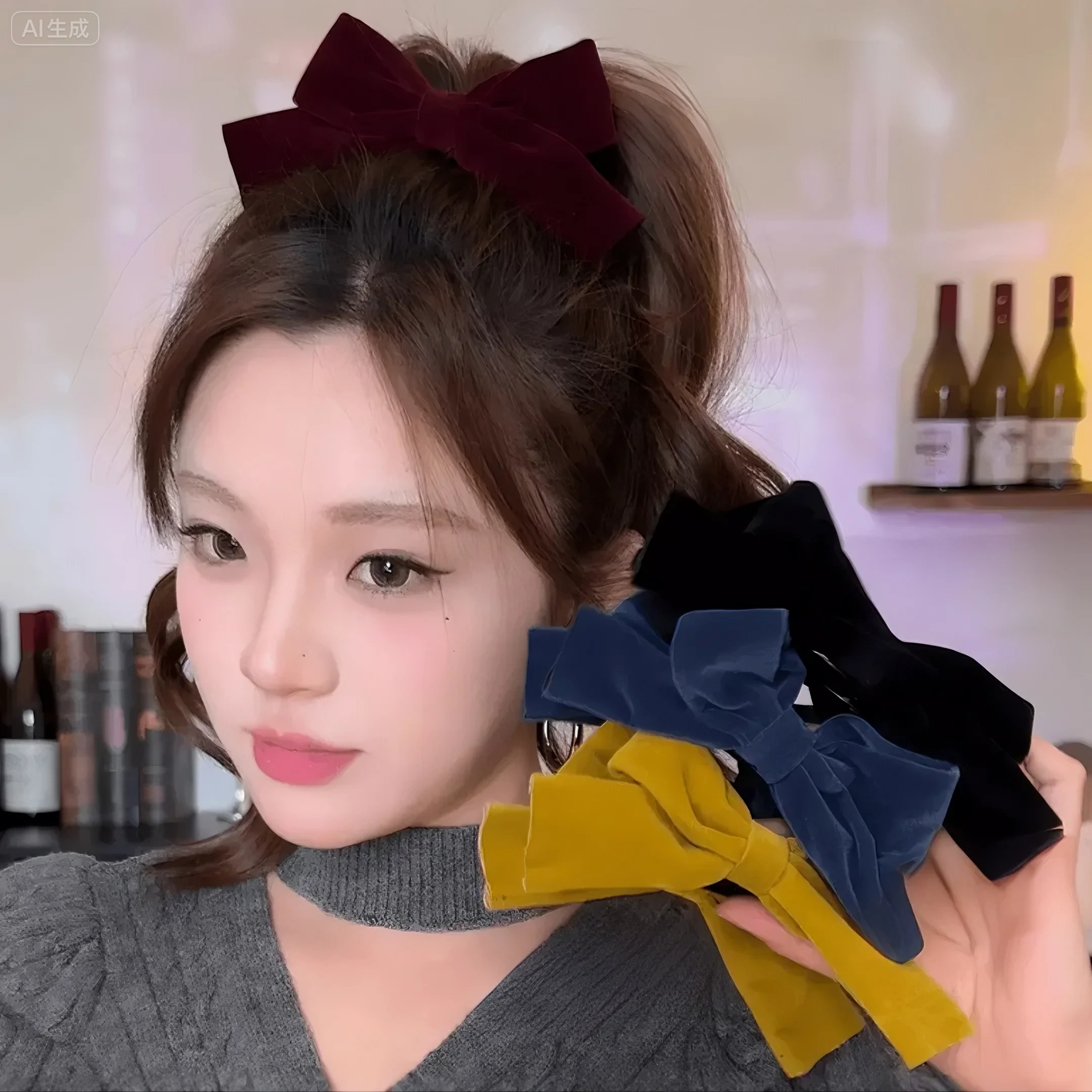 韩系丝绒双面蝴蝶结丸子头抓夹女秋冬后脑勺马尾夹气质复古发夹