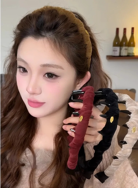 韩系丝绒金标带齿发箍女秋冬高颅顶头箍外戴试试那个复古发卡发饰