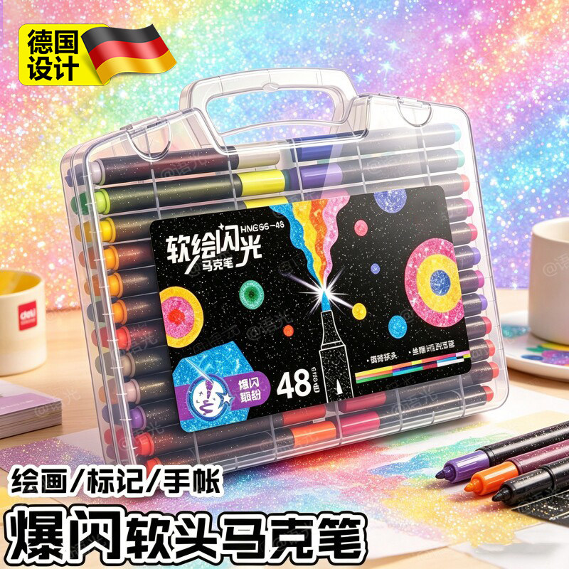 德国2026新款荧光笔爆闪丙烯马克笔闪光软头彩色笔小学生美术专用画笔珠光直液式48色24水彩笔儿童可水洗无毒