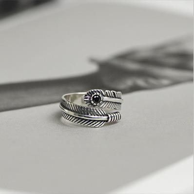 s925纯银开口戒指 新款羽毛复古戒指 女款 气质纯银饰品