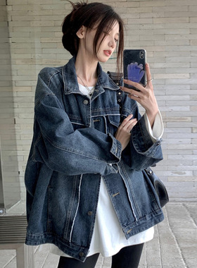 BN蓝色复古POLO领水洗牛仔外套女春秋季新款宽松韩版渐变色上衣