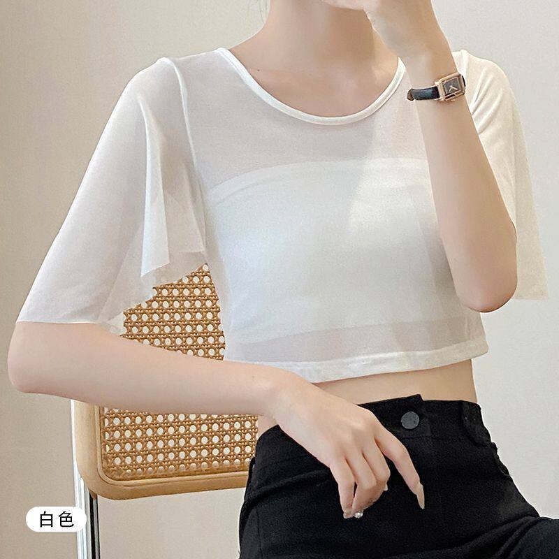 吊带裙内搭薄纱女短袖网纱2026新款防走光罩衫薄款打底衫短款上衣