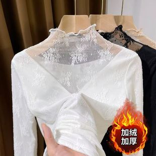 大码加绒加厚蕾丝打底衫女裝胖mm秋冬季内搭保暖叠穿长袖t恤上衣