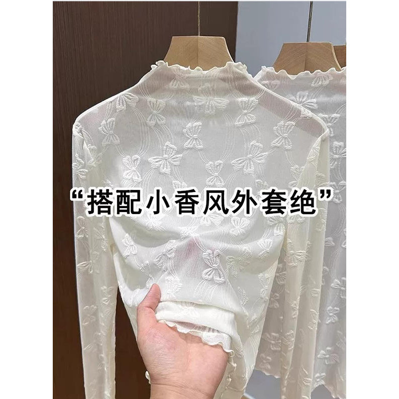 修身蕾丝打底衫网纱打底衫叠穿女士别致小衫秋冬季花边下摆上衣