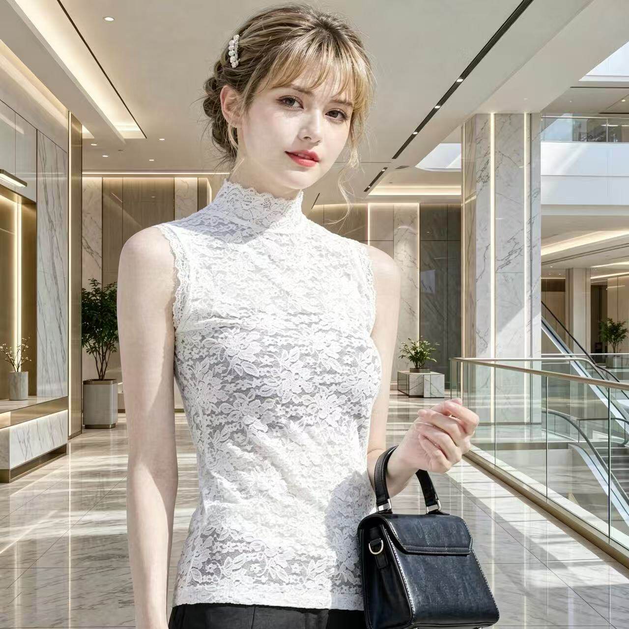 女士蕾丝镂空半高领无袖打底背心气质洋气修身弹力上衣假领子
