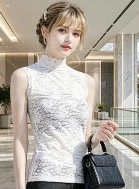 女士蕾丝镂空半高领无袖打底背心气质洋气修身弹力上衣假领子