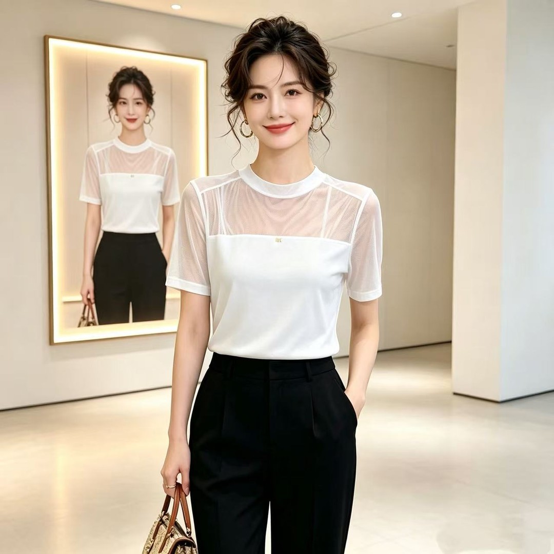 时尚减龄网纱拼接短袖T恤女夏季新款气质百搭修身显瘦白色上衣潮
