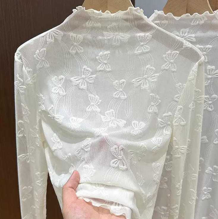 蕾丝蝴蝶结修身网纱打底衫叠穿女士别致小衫冬季高领花边下摆上衣