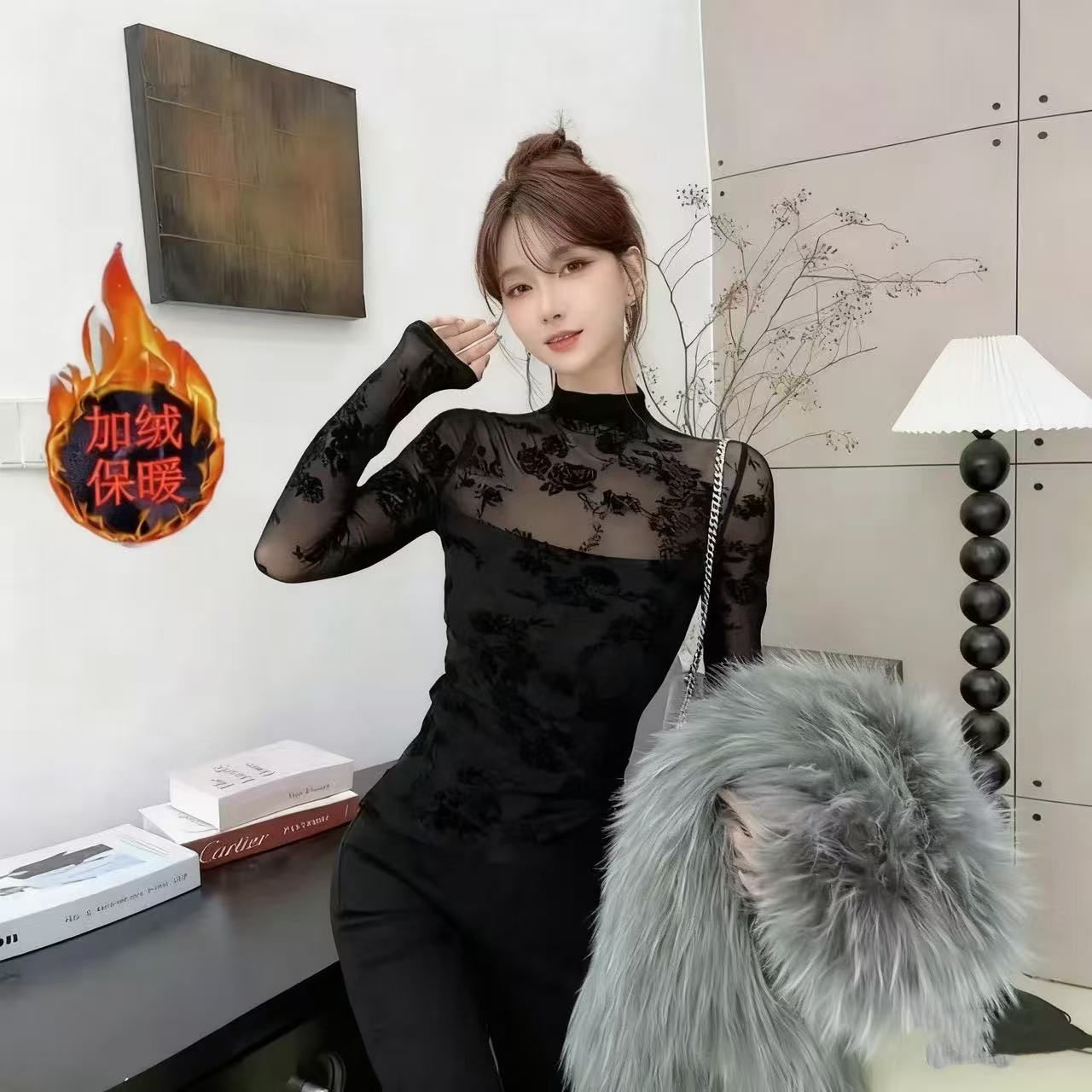 法式半高领长袖蕾丝衫
