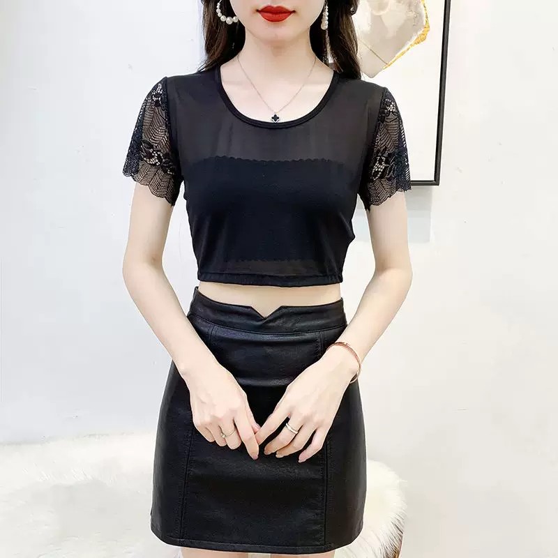 【清仓速抢】2026 夏季轻中式蕾丝网纱短袖女短款圆领叠穿打底衫