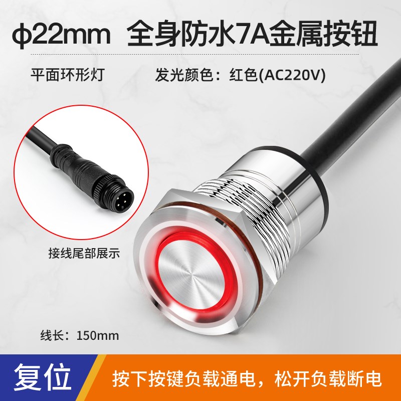 户外全身防水e22mm自锁复位金属不锈钢按钮开关带线灯12V 24V 220