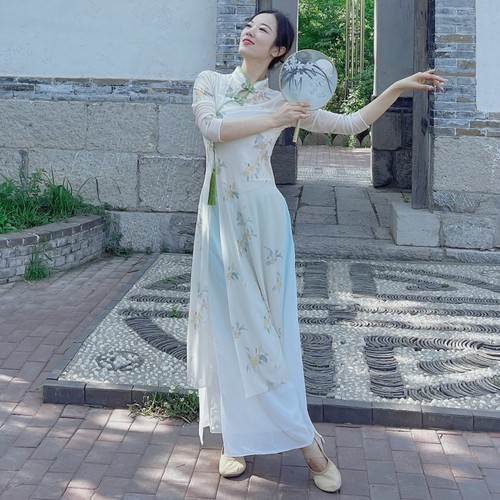 新国风女旗袍优雅气质中式练功服网纱衣古典舞舞蹈服艺考演出常服