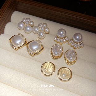 新款耳钉珍珠小众耳环猫眼石设计圆形2026耳饰高级感银针轻奢套装