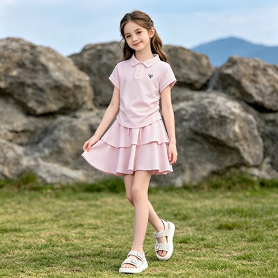 女童夏季polo衫套裙2026新款儿童休闲短袖T恤短裙中大童裙裤t套装 — 1