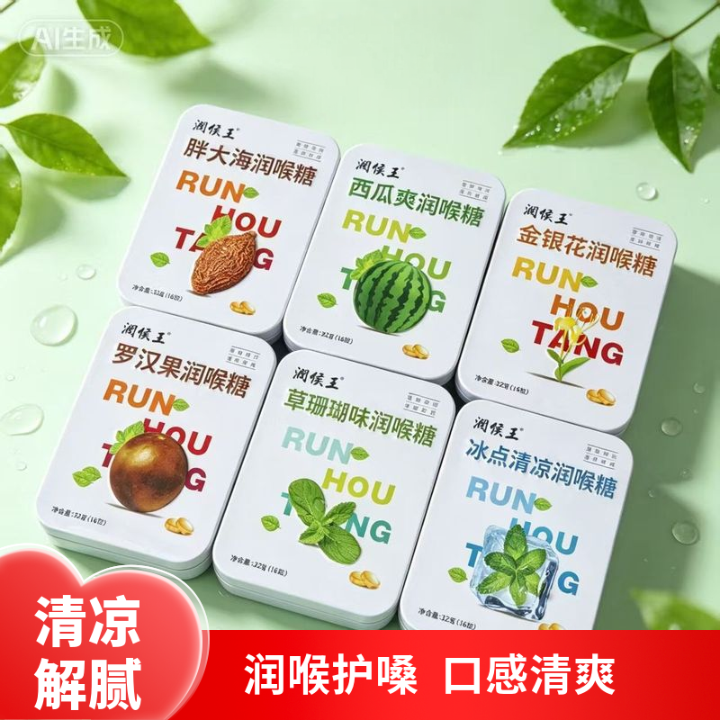 润侯王胖大海润喉糖多种口味清凉糖教师护嗓清润糖果学生军训铁盒
