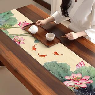 莲花茶席茶布茶桌中式桌旗餐桌禅意茶台长条茶几防水桌布垫布棉麻