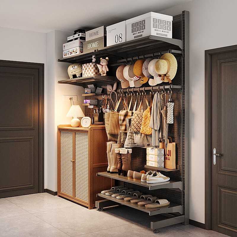 中古风衣架入户挂衣区金属洞洞板挂衣架一体落地衣柜开放式衣帽间