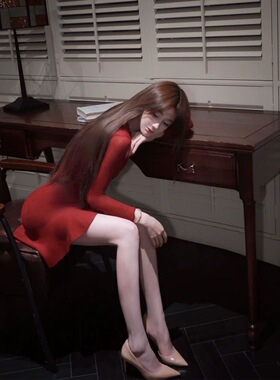 WW定制「绝代娇人」圣诞红色针织长袖连衣裙名媛风收腰法式包臀裙