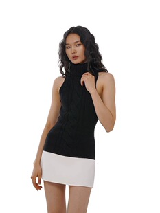 SweetChilling25早春千金感粗棒针绞花高领毛织拼接连衣裙