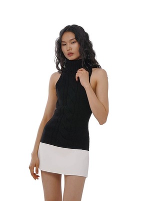 SweetChilling25早春千金感粗棒针绞花高领毛织拼接连衣裙