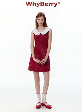 新品WHY BERY春季新款红色波点娃娃领无袖连衣裙