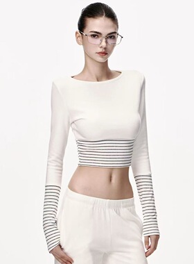 白色长袖t恤女秋冬季设计感打底内搭撞色条纹体恤美式辣妹上衣潮