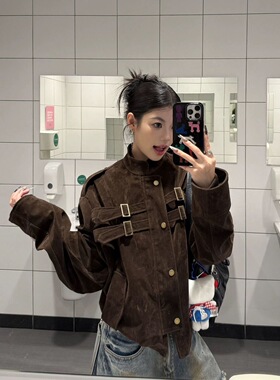 美式复古cleanfit绑带设计感仿麂皮绒高级感夹克男女短宽秋季外套