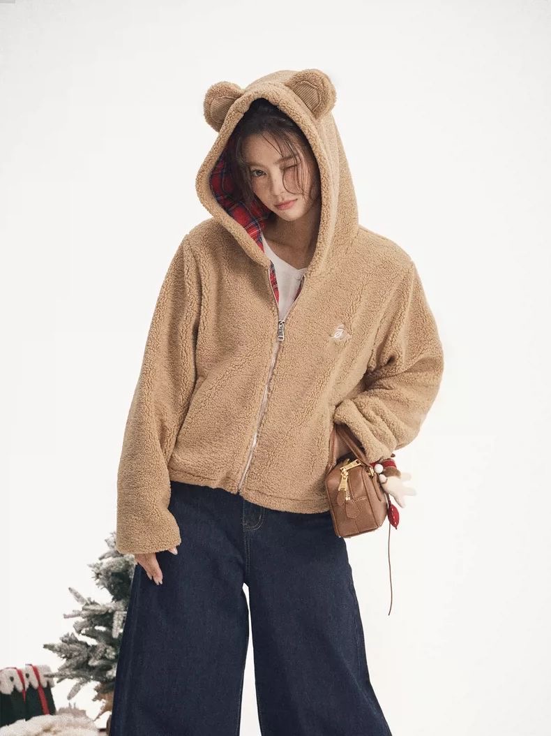 iNSLiiSA连帽小熊羊羔毛卫衣外套女秋冬宽松显瘦设计感小众上衣女