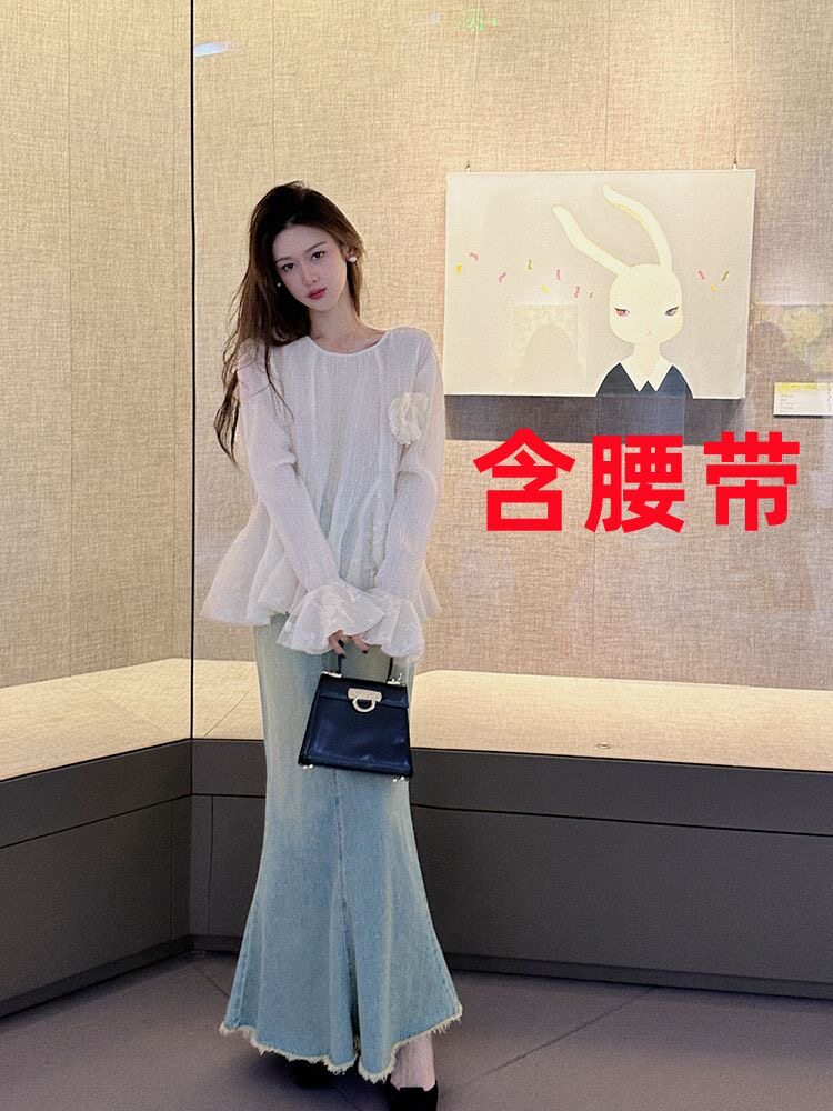 你的呵呵 欧尼穿搭 复古小众做旧毛边高腰显瘦宽松鱼尾牛仔半身裙