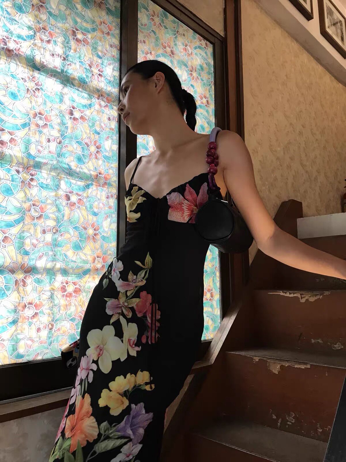 RunRunSwet 复古明艳手绘热带花卉修身吊带短款连衣裙