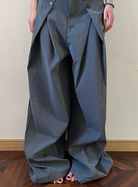 灰色条纹双打褶设计感男女款高智感复古老钱风宽松阔腿休闲长裤