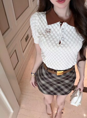 法式复古撞色Polo领针织衫短袖别致小众镂空上衣+格纹包臀裙套装