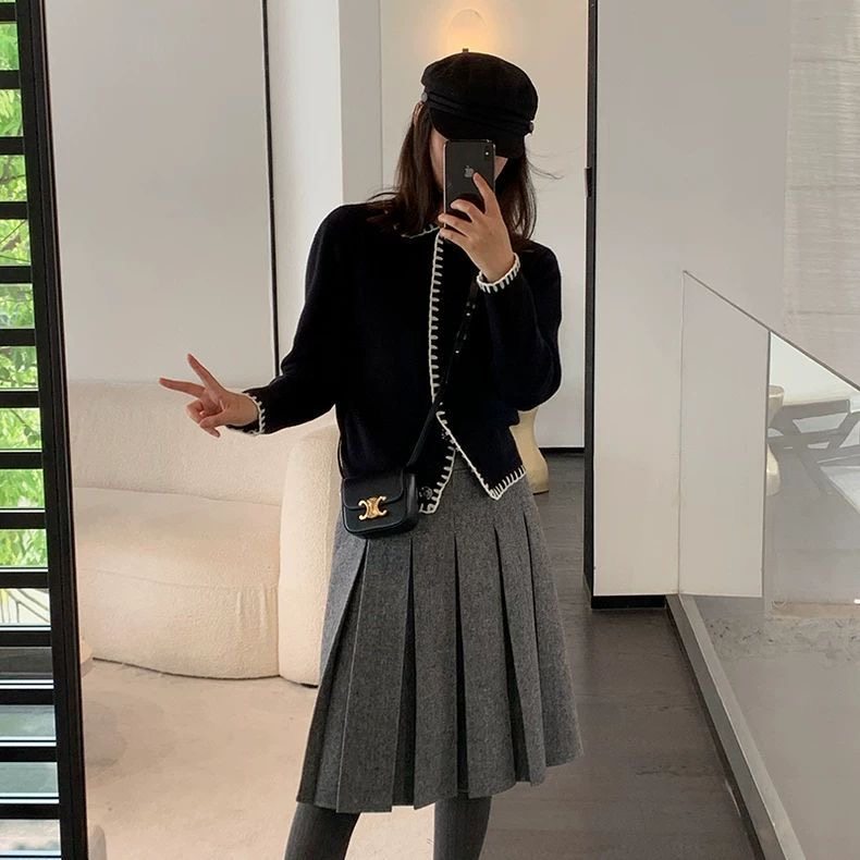 iszizi 手工明线小众设计感娃娃领针织开衫女黑色毛衣开衫外套秋