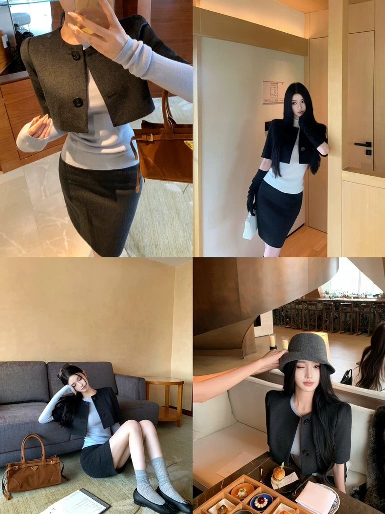 JAYKY YANG【灰调柏林】MIU系泡泡袖短上衣短款包臀半裙羊毛套装