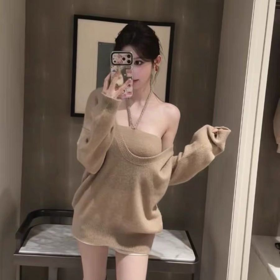 温柔慵懒风毛衣套装女秋冬韩版松弛感宽松V领针织衫罩衫挂脖背心