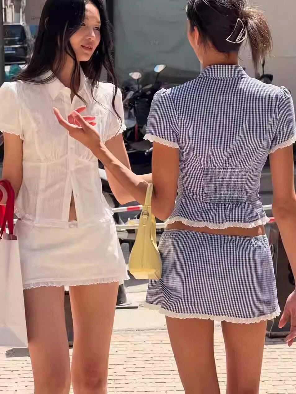 小夏物语Sweet美式复古甜美纯欲波浪花边拼接修身衬衫+半裙两件套