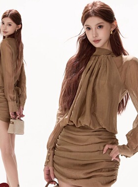 知性高智感高领褶皱衬衫连衣裙绑带收腰包臀短裙