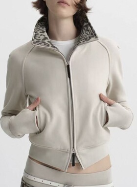 美式复古豹纹拼接修身短款加绒立领拉链设计感修身夹克外套上衣女