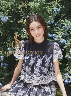 约会穿搭现货小众设计黑色天丝刺绣超级重工减龄女士套装裙