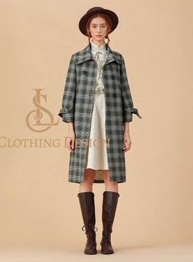 英伦风绿色色织格子风衣