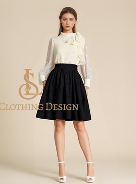 小众设计新品赫本风黑色纯棉提花超大摆半身裙约会单品