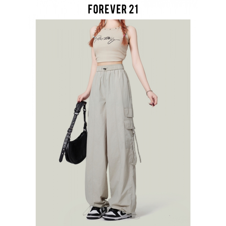 Forever 21美式杏色工装休闲裤女高腰速干伞兵裤阔腿束脚登山裤子