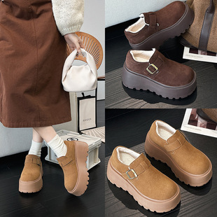 【苏茵茵】羊毛小金扣~7cm厚底魔术贴休闲毛毛勃肯鞋女乐福单鞋