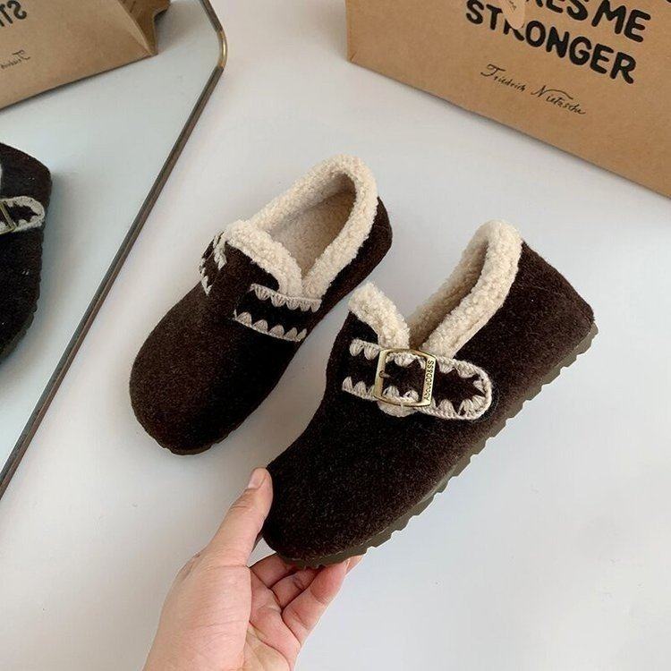 桑坡勃肯鞋复古白色加绒加厚保暖平底棉鞋女冬季一脚蹬软底子